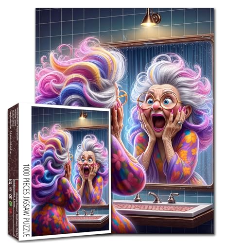 Shocked Grandma Puzzle - 1000 Teile Lustiges Puzzle für Erwachsene mit bunten Haaren, Spiegelreflexion, Badezimmer-Szene, DIY Handwerk Puzzles Spaß und herausfordernde Familienspielabende Shocked Grandma Puzzle - 1000 Teile Lustiges Puzzle für Erwachsene mit bunten Haaren, Spiegelreflexion, Badezimmer-Szene, DIY Handwerk Puzzles Spaß und herausfordernde Familienspielabende von Walarky