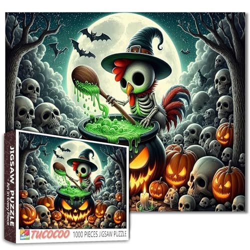 Skelett Hahn Hexe Jigsaw Puzzle 1000 Stück für Erwachsene Spooky Halloween-Szene für herausfordernde Familie Aktivität Spiele DIY Handarbeit Schädel Kunst Home Wall Decor Geschenke von Walarky