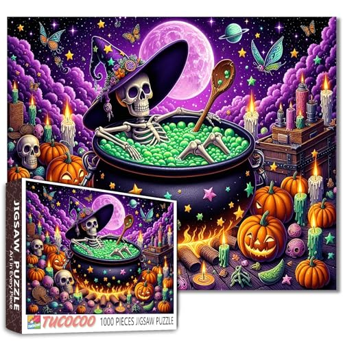 Skelett Hexe im Kessel Jigsaw Puzzles für Erwachsene Halloween Kürbisse 1000 Stück für herausfordernde Familienaktivität Spiele lila Sternenmond Kunst für Home Decor Geschenke von Walarky