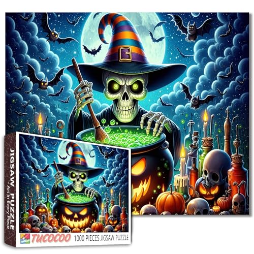 Skelett Wizard Jigsaw Puzzles für Erwachsene 1000 Stück Halloween Cauldron DIY für anspruchsvolle Familie Aktivität Spiele Kürbisse und Fledermäuse Handarbeit Home Wall Decor Craft Geschenke von Walarky