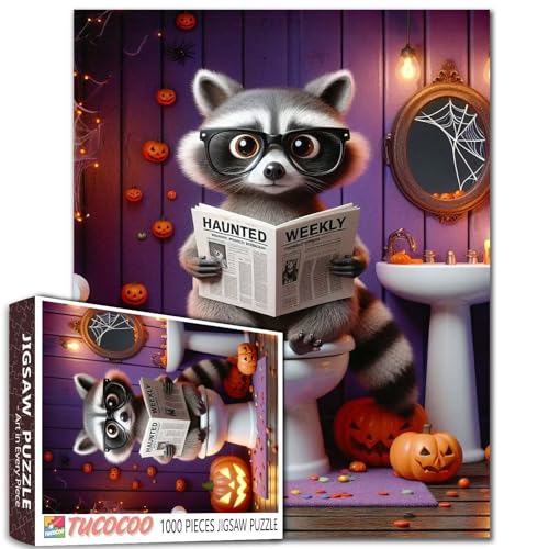 Süßer Waschbär Lesen Zeitungen Halloween Puzzle 1000 Teile für Erwachsene Böser Kürbis Tier Badezimmer Puzzles Familienaktivität Perfekt für Spieleabend Wandkunst Dekor Geschenk von Walarky