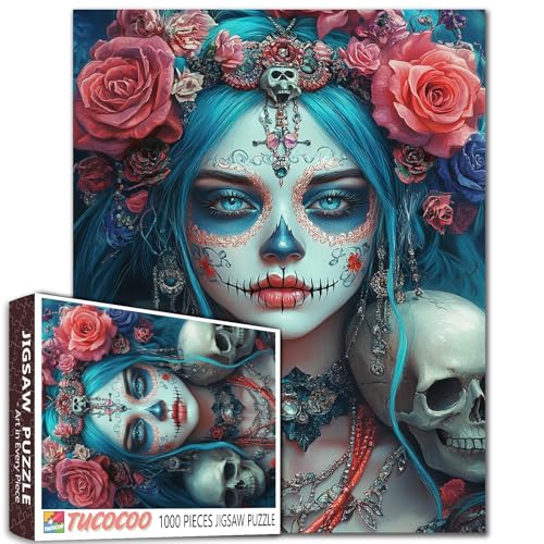 Tag der Toten Blaue Haare Frau Zuckerschädel Jigsaw Puzzle 1000 Stück Erwachsene Studenten Herausfordernde Fantasy Art Floral Skulls Roses Bunte Puzzles 20×27 Zoll Kreatives Geschenk Home Decor Brain Tag der Toten Blaue Haare Frau Zuckerschädel Jigsaw Puzzle 1000 Stück Erwachsene Studenten Herausfordernde Fantasy Art Floral Skulls Roses Bunte Puzzles 20×27 Zoll Kreatives Geschenk Home Decor Brain von Walarky