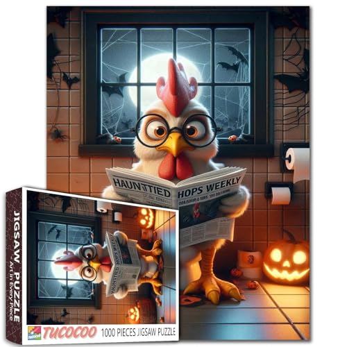 Tier Hühner Lesen Zeitungen Halloween Jigsaw Puzzle 1000 Teile für Erwachsene Fledermaus Kürbis Toilette Puzzles Geschenke für Freunde und Familie Wohnzimmer Wanddekoration Einzigartiges Geschenk von Walarky