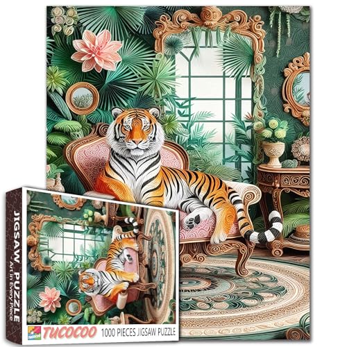 Tiger Puzzle mit 1000 Teilen, lustiges Tier, das auf dem Sofa sitzt, grüne Pflanzen, Blumenfenster, Spiegel, Wohnzimmer, Schlafzimmer, Erwachsene, Anfänger, Familienaktivitäten, DIY, Basteln Tiger Puzzle mit 1000 Teilen, lustiges Tier, das auf dem Sofa sitzt, grüne Pflanzen, Blumenfenster, Spiegel, Wohnzimmer, Schlafzimmer, Erwachsene, Anfänger, Familienaktivitäten, DIY, Basteln von Walarky