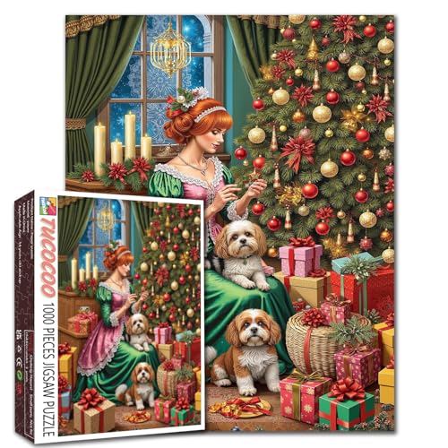 Viktorianisches Puzzle mit Dame und Hund, 1000 Teile, Weihnachtsbaum-Kunst-Puzzles für anspruchsvolle Familienaktivitäten, DIY-Handarbeit, Geschenk für Zuhause, Wanddekoration, Geschenke, 50,8 x 68,9 von Walarky