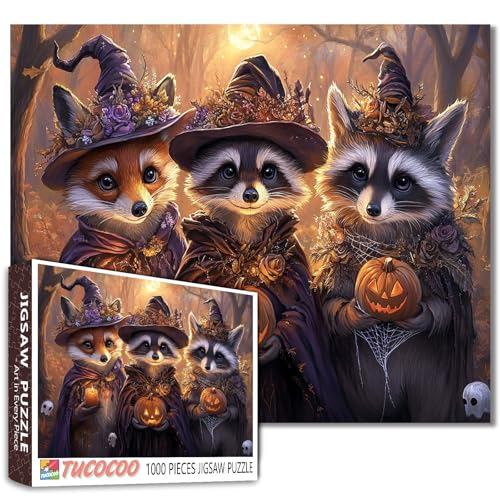Waldtier-Puzzle, Halloween-Kostüme, Fuchs, Waschbär, Eule, Mondschein, Wald, verzauberte Bäume, Geisterdekoration, Beatrix-Potter, Aquarell-Geschenk, 68 x 50 cm, 1000 Teile Waldtier-Puzzle, Halloween-Kostüme, Fuchs, Waschbär, Eule, Mondschein, Wald, verzauberte Bäume, Geisterdekoration, Beatrix-Potter, Aquarell-Geschenk, 68 x 50 cm, 1000 Teile von Walarky