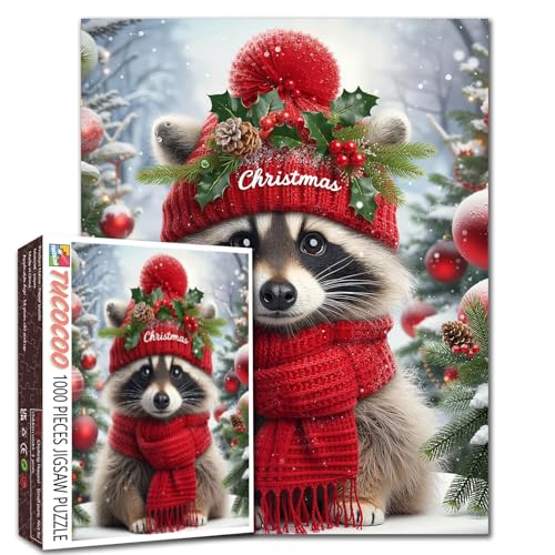 Waschbär mit Weihnachtsmütze, 1000-teiliges Puzzle für Erwachsene, Tier-Winter-Szenen-Puzzle, herausfordernde Familienaktivitäten, Spiele, DIY-Handarbeit, Tierwelt, Geschenk für Zuhause von Walarky