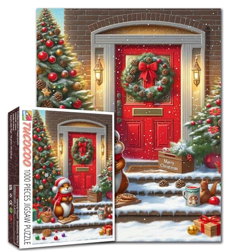Weihnachten 1000 Teile Puzzle für Erwachsene Eichhörnchen trägt roten Hut Malerei Weihnachtsbaum Puzzle 1000 Teile Winter Szene Urlaub Puzzles Familie Spaß Spiel DIY Handwerk Schlafzimmer Dekor von Walarky