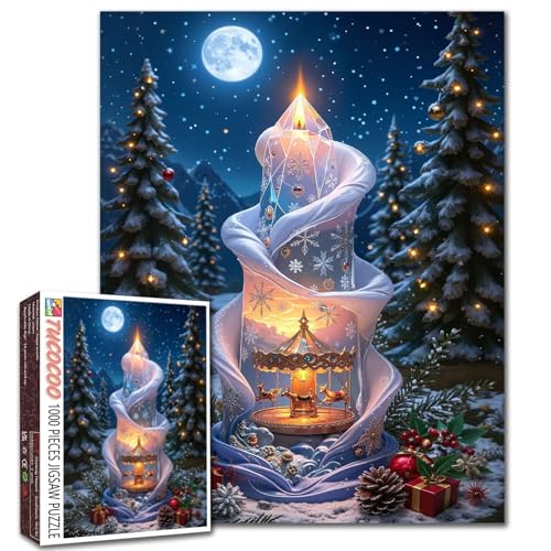 Weihnachten Schnee Landschaft Kerzen Puzzle 1000 Teile für Erwachsene Weihnachtsbaum Xmas Winter Schnee Urlaub Kunst Puzzle Intellektuelle Dekomprimierung Spaß Familienspiel Wanddekoration von Walarky