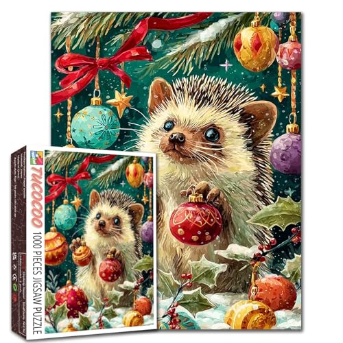 Weihnachtlicher Igel, der mit Weihnachtskugeln spielt, 1000-teiliges Puzzle, Malerei für Erwachsene, Tier-Winter-Szenen-Puzzle, herausfordernde Familienaktivitäten, Spiele, Handarbeit, Geschenk für von Walarky