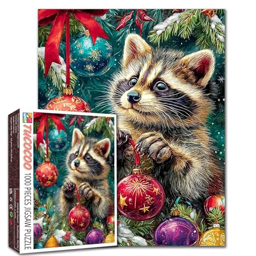 Weihnachtlicher Waschbär, der mit Weihnachtskugeln spielt, 1000-teiliges Puzzle für Erwachsene, Winter-Szenen-Puzzle, herausfordernde Familienaktivitäten, Tier-/Wildtier-Handarbeit, Geschenk von Walarky