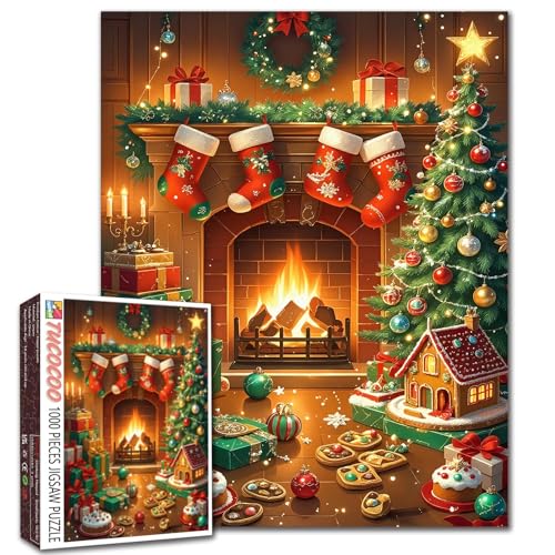 Weihnachts-Kamin-Puzzle für Erwachsene, 1000 Teile, Strümpfe und Baumkunst, Geschenk, Puzzles für anspruchsvolle Familienaktivitäten, Spiele, DIY, Basteln, Zuhause, festliche Dekorationen, Geschenke von Walarky