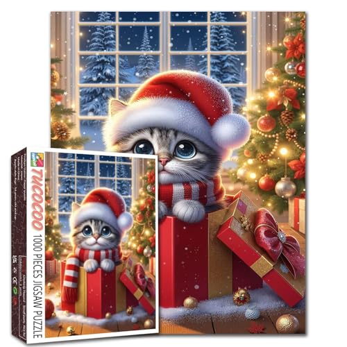 Weihnachtskatze 1000 Teile Puzzle für Erwachsene Familienaktivität Perfekt für Spieleabend Geeignet für alle Puzzle-Spielzeug-Enthusiasten Beste für Familienspiel-Spielsammlung 19,7 x 27,6 Zoll von Walarky