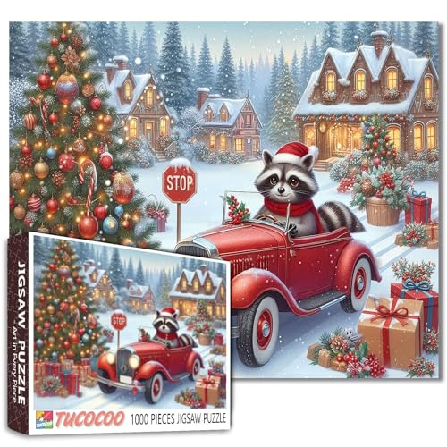 Weihnachtspuzzle, 1000 Teile – Winter-Schneeszene, Urlaub, Malpuzzle (Waschbär, rotes Auto, Holzhaus, Tier, verschneites Dorf, Weihnachtsbäume) für Erwachsene, Kinder, Familienspaß, Heimdekoration von Walarky