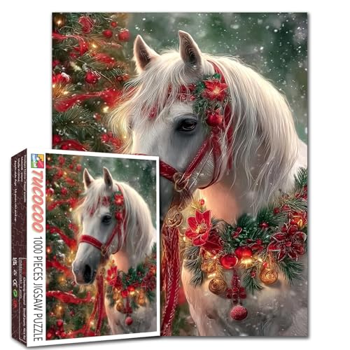 Weihnachtstier-Puzzle für Erwachsene, weißes Pferd, roter Weihnachtsstern, Weihnachtstag, Winter-Szene, Puzzle, herausfordernde Familienaktivitäten, Spiele, Tierwelt, Handarbeit, Geschenk von Walarky