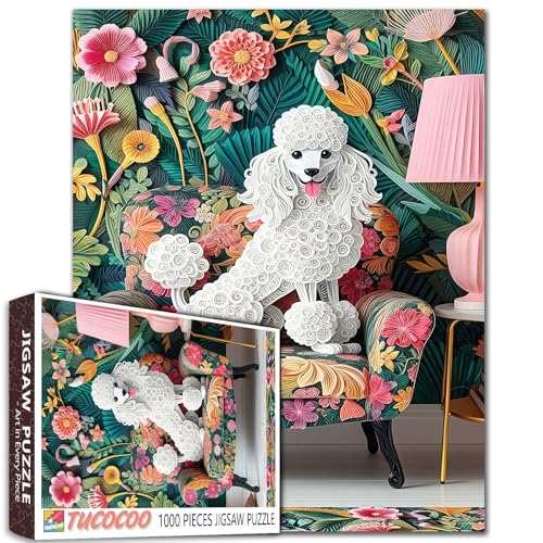 Welpe Hund Puzzle 1000 Teile Lustiges Tier sitzt auf dem Sofa Grünpflanzen Blume Fenster Szene Spiegel Wohnzimmer Schlafzimmer Erwachsene Anfänger Familienaktivität DIY Handwerk Heimdekoration von Walarky