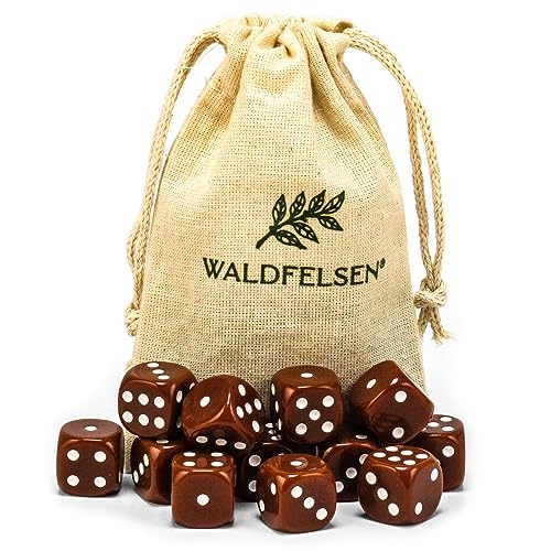 Waldfelsen 6, 12, 20, 30 oder 50 hochqualitative Würfel Standardgröße 16 mm Acrylwürfel Knobel Spielwürfel Dice 6-seitig sechsseitig Spielzubehör Set mit Stoffbeutel (Braun, 12 Stück) von Waldfelsen