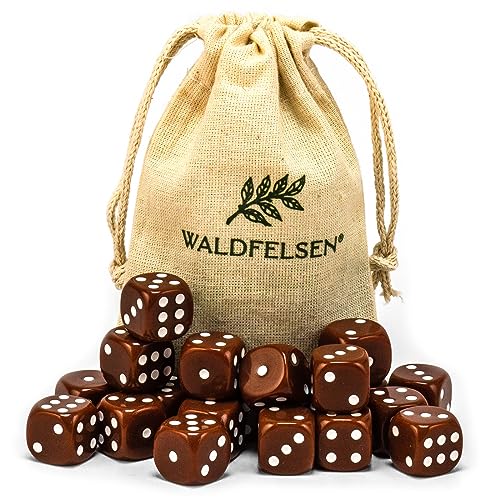 Waldfelsen 6, 12, 20, 30 oder 50 hochqualitative Würfel Standardgröße 16 mm Acrylwürfel Knobel Spielwürfel Dice 6-seitig sechsseitig Spielzubehör Set mit Stoffbeutel (Braun, 20 Stück) von Waldfelsen