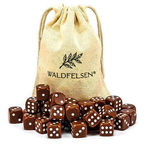 Waldfelsen 6, 12, 20, 30 oder 50 hochqualitative Würfel Standardgröße 16 mm Acrylwürfel Knobel Spielwürfel Dice 6-seitig sechsseitig Spielzubehör Set mit Stoffbeutel (Braun, 30 Stück) von Waldfelsen