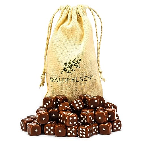Waldfelsen 6, 12, 20, 30 oder 50 hochqualitative Würfel Standardgröße 16 mm Acrylwürfel Knobel Spielwürfel Dice 6-seitig sechsseitig Spielzubehör Set mit Stoffbeutel (Braun, 50 Stück) von Waldfelsen
