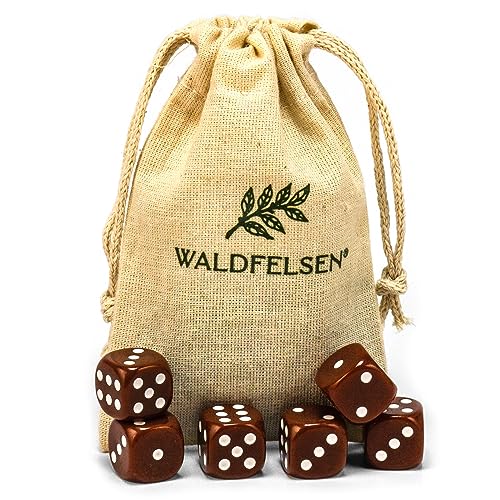 Waldfelsen 6, 12, 20, 30 oder 50 hochqualitative Würfel Standardgröße 16 mm Acrylwürfel Knobel Spielwürfel Dice 6-seitig sechsseitig Spielzubehör Set mit Stoffbeutel (Braun, 6 Stück) von Waldfelsen