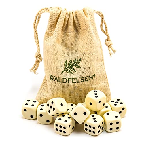 Waldfelsen 6, 12, 20, 30 oder 50 hochqualitative Würfel Standardgröße 16 mm Acrylwürfel Knobel Spielwürfel Dice 6-seitig sechsseitig Spielzubehör Set mit Stoffbeutel (Elfenbeinfarben, 12 Stück) von Waldfelsen