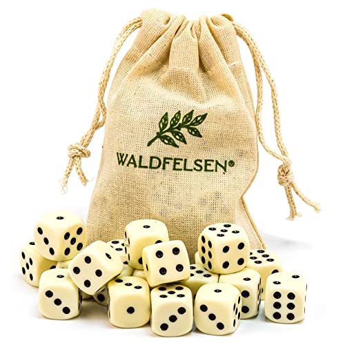Waldfelsen 6, 12, 20, 30 oder 50 hochqualitative Würfel Standardgröße 16 mm Acrylwürfel Knobel Spielwürfel Dice 6-seitig sechsseitig Spielzubehör Set mit Stoffbeutel (Elfenbeinfarben, 20 Stück) von Waldfelsen