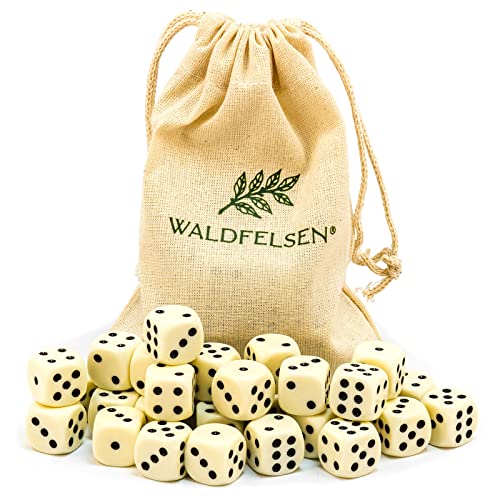 Waldfelsen 6, 12, 20, 30 oder 50 hochqualitative Würfel Standardgröße 16 mm Acrylwürfel Knobel Spielwürfel Dice 6-seitig sechsseitig Spielzubehör Set mit Stoffbeutel (Elfenbeinfarben, 30 Stück) von Waldfelsen