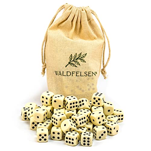 Waldfelsen 6, 12, 20, 30 oder 50 hochqualitative Würfel Standardgröße 16 mm Acrylwürfel Knobel Spielwürfel Dice 6-seitig sechsseitig Spielzubehör Set mit Stoffbeutel (Elfenbeinfarben, 50 Stück) von Waldfelsen