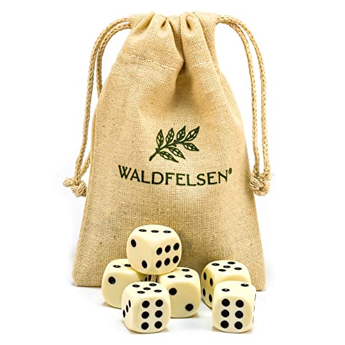 6, 12, 20, 30 oder 50 hochqualitative Würfel von Waldfelsen® Standardgröße 16 mm Acrylwürfel Knobel Spielwürfel Dice 6-seitig sechsseitig Spielzubehör Set mit Stoffbeutel (Elfenbeinfarben, 6 Stück) von Waldfelsen