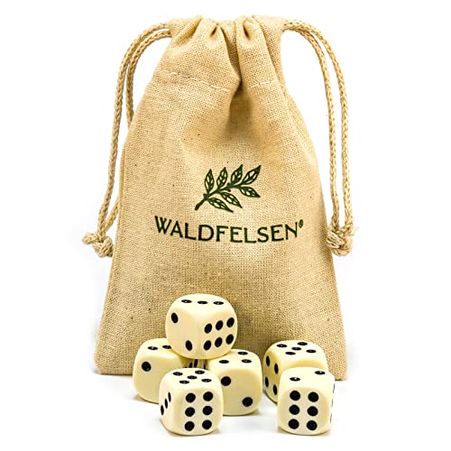 Waldfelsen 6, 12, 20, 30 oder 50 hochqualitative Würfel Standardgröße 16 mm Acrylwürfel Knobel Spielwürfel Dice 6-seitig sechsseitig Spielzubehör Set mit Stoffbeutel (Elfenbeinfarben, 6 Stück) von Waldfelsen