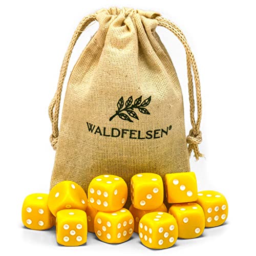 Waldfelsen 6, 12, 20, 30 oder 50 hochqualitative Würfel Standardgröße 16 mm Acrylwürfel Knobel Spielwürfel Dice 6-seitig sechsseitig Spielzubehör Set mit Stoffbeutel (Gelb, 12 Stück) von Waldfelsen