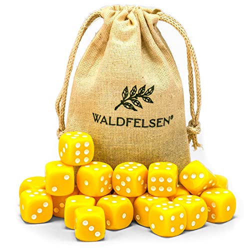 6, 12, 20, 30 oder 50 hochqualitative Würfel von Waldfelsen® Standardgröße 16 mm Acrylwürfel Knobel Spielwürfel Dice 6-seitig sechsseitig Spielzubehör Set mit Stoffbeutel (Gelb, 20 Stück) von Waldfelsen