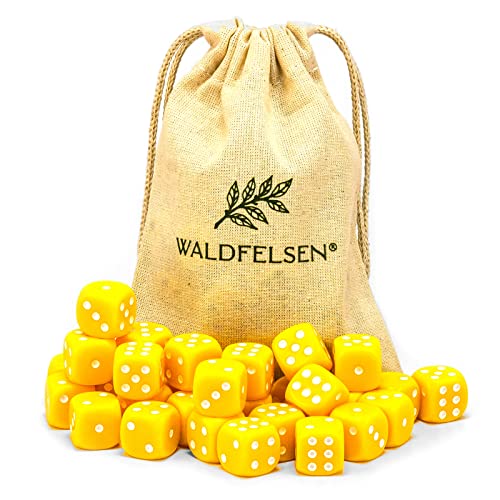 6, 12, 20, 30 oder 50 hochqualitative Würfel von Waldfelsen® Standardgröße 16 mm Acrylwürfel Knobel Spielwürfel Dice 6-seitig sechsseitig Spielzubehör Set mit Stoffbeutel (Gelb, 30 Stück) von Waldfelsen