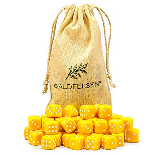 Waldfelsen 6, 12, 20, 30 oder 50 hochqualitative Würfel Standardgröße 16 mm Acrylwürfel Knobel Spielwürfel Dice 6-seitig sechsseitig Spielzubehör Set mit Stoffbeutel (Gelb, 50 Stück) von Waldfelsen