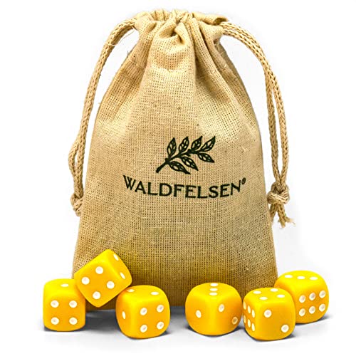 Waldfelsen 6, 12, 20, 30 oder 50 hochqualitative Würfel Standardgröße 16 mm Acrylwürfel Knobel Spielwürfel Dice 6-seitig sechsseitig Spielzubehör Set mit Stoffbeutel (Gelb, 6 Stück) von Waldfelsen