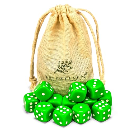 Waldfelsen 6, 12, 20, 30 oder 50 hochqualitative Würfel Standardgröße 16 mm Acrylwürfel Knobel Spielwürfel Dice 6-seitig sechsseitig Spielzubehör Set mit Stoffbeutel (Grasgrün, 12 Stück) von Waldfelsen