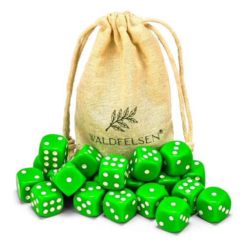 Waldfelsen 6, 12, 20, 30 oder 50 hochqualitative Würfel Standardgröße 16 mm Acrylwürfel Knobel Spielwürfel Dice 6-seitig sechsseitig Spielzubehör Set mit Stoffbeutel (Grasgrün, 20 Stück) von Waldfelsen