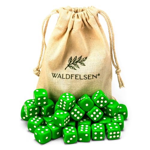 Waldfelsen 6, 12, 20, 30 oder 50 hochqualitative Würfel Standardgröße 16 mm Acrylwürfel Knobel Spielwürfel Dice 6-seitig sechsseitig Spielzubehör Set mit Stoffbeutel (Grasgrün, 30 Stück) von Waldfelsen