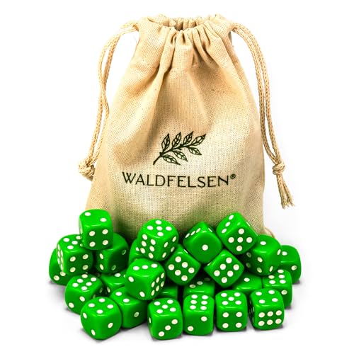 6, 12, 20, 30 oder 50 hochqualitative Würfel von Waldfelsen® Standardgröße 16 mm Acrylwürfel Knobel Spielwürfel Dice 6-seitig sechsseitig Spielzubehör Set mit Stoffbeutel (Grasgrün, 30 Stück) von Waldfelsen