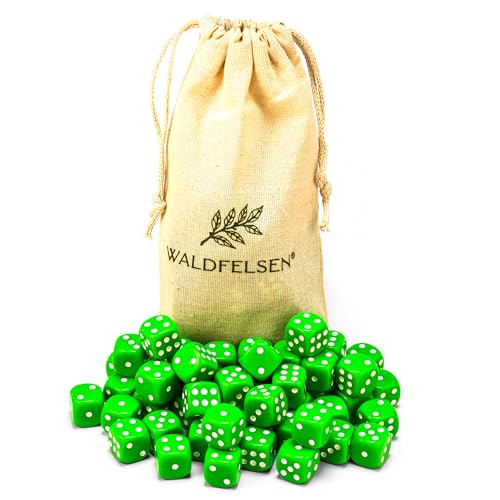 Waldfelsen 6, 12, 20, 30 oder 50 hochqualitative Würfel Standardgröße 16 mm Acrylwürfel Knobel Spielwürfel Dice 6-seitig sechsseitig Spielzubehör Set mit Stoffbeutel (Grasgrün, 50 Stück) von Waldfelsen