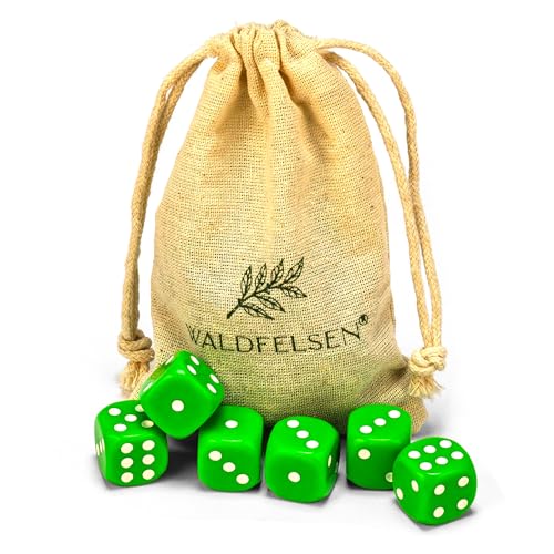 6, 12, 20, 30 oder 50 hochqualitative Würfel von Waldfelsen® Standardgröße 16 mm Acrylwürfel Knobel Spielwürfel Dice 6-seitig sechsseitig Spielzubehör Set mit Stoffbeutel (Grasgrün, 6 Stück) von Waldfelsen