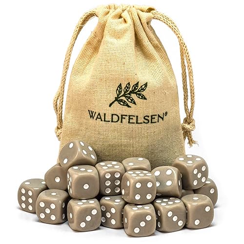 Waldfelsen 6, 12, 20, 30 oder 50 hochqualitative Würfel Standardgröße 16 mm Acrylwürfel Knobel Spielwürfel Dice 6-seitig sechsseitig Spielzubehör Set mit Stoffbeutel (Grau, 20 Stück) von Waldfelsen