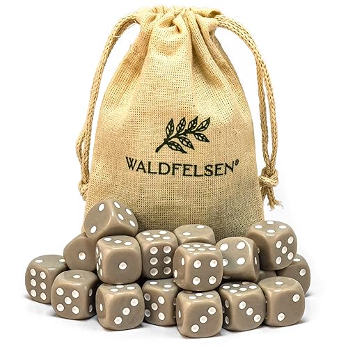 6, 12, 20, 30 oder 50 hochqualitative Würfel von Waldfelsen® Standardgröße 16 mm Acrylwürfel Knobel Spielwürfel Dice 6-seitig sechsseitig Spielzubehör Set mit Stoffbeutel (Grau, 20 Stück) von Waldfelsen