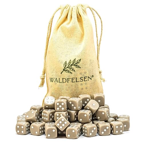 Waldfelsen 6, 12, 20, 30 oder 50 hochqualitative Würfel Standardgröße 16 mm Acrylwürfel Knobel Spielwürfel Dice 6-seitig sechsseitig Spielzubehör Set mit Stoffbeutel (Grau, 50 Stück) von Waldfelsen