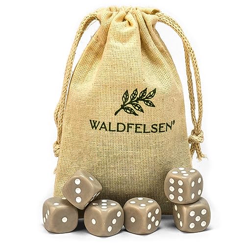 Waldfelsen 6, 12, 20, 30 oder 50 hochqualitative Würfel Standardgröße 16 mm Acrylwürfel Knobel Spielwürfel Dice 6-seitig sechsseitig Spielzubehör Set mit Stoffbeutel (Grau, 6 Stück) von Waldfelsen