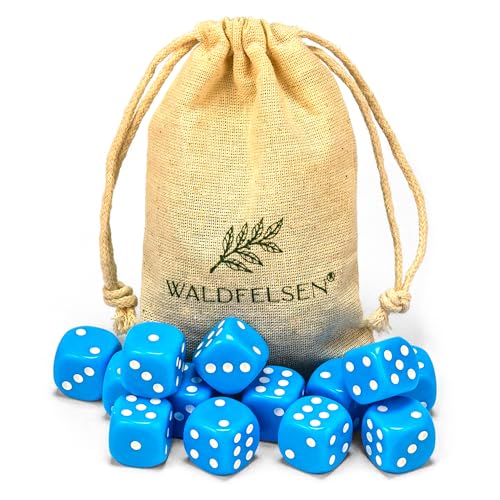 Waldfelsen 6, 12, 20, 30 oder 50 hochqualitative Würfel Standardgröße 16 mm Acrylwürfel Knobel Spielwürfel Dice 6-seitig sechsseitig Spielzubehör Set mit Stoffbeutel (Himmelblau, 12 Stück) von Waldfelsen