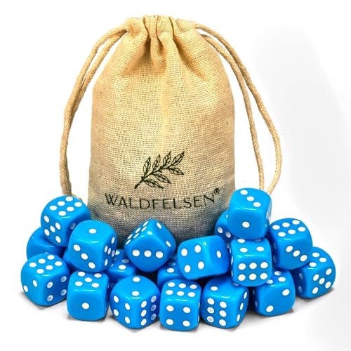 Waldfelsen 6, 12, 20, 30 oder 50 hochqualitative Würfel Standardgröße 16 mm Acrylwürfel Knobel Spielwürfel Dice 6-seitig sechsseitig Spielzubehör Set mit Stoffbeutel (Himmelblau, 20 Stück) von Waldfelsen