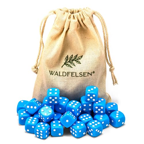 Waldfelsen 6, 12, 20, 30 oder 50 hochqualitative Würfel Standardgröße 16 mm Acrylwürfel Knobel Spielwürfel Dice 6-seitig sechsseitig Spielzubehör Set mit Stoffbeutel (Himmelblau, 30 Stück) von Waldfelsen