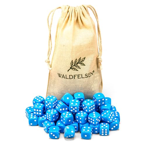 Waldfelsen 6, 12, 20, 30 oder 50 hochqualitative Würfel Standardgröße 16 mm Acrylwürfel Knobel Spielwürfel Dice 6-seitig sechsseitig Spielzubehör Set mit Stoffbeutel (Himmelblau, 50 Stück) von Waldfelsen